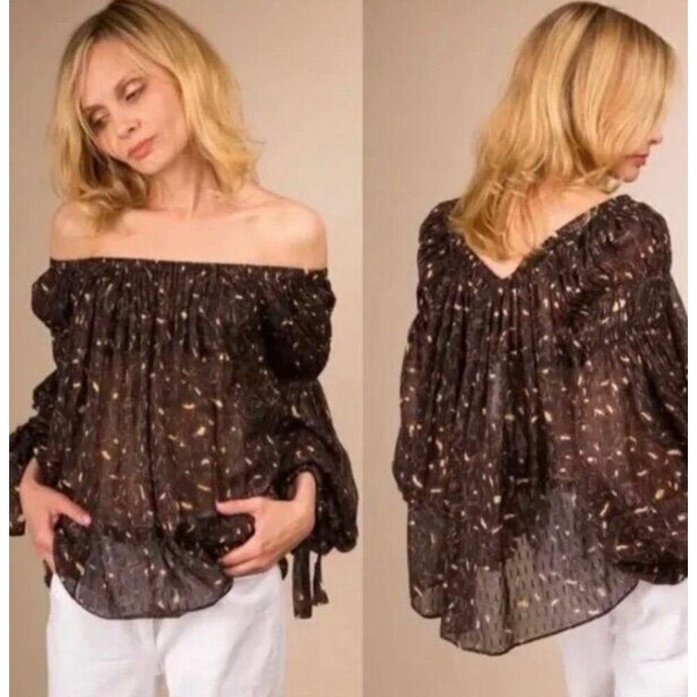 ULLA JOHNSON Sz 2 Silk Blend Farai Blouse Off Or On Shoulder Black Brown Print